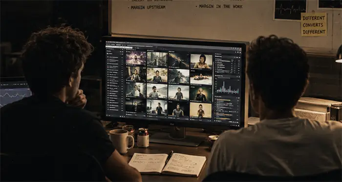 Two editors at a studio workstation reviewing a multi-take timeline; chalked behind them: margin upstream, margin in the work, different converts different.
